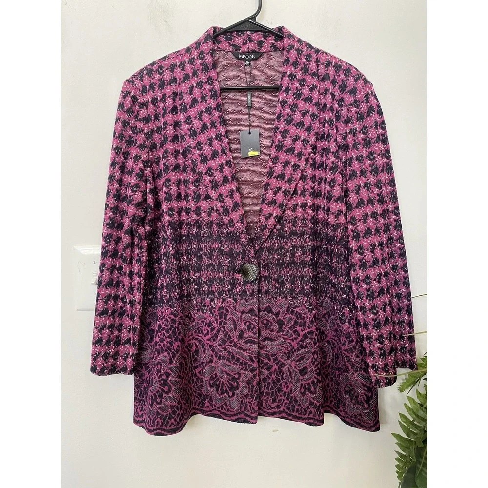 NWT Misook‎ Pink Black Houndstooth Floral Knit Blazer Jacket Cardigan XL, $398